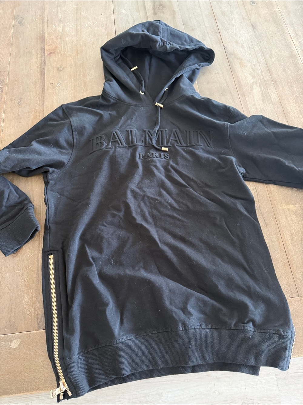 Balmain Black Embossed Logo Hooded Sweatshirt with Side Zipper